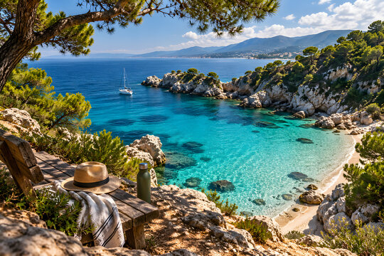 Idyllic Mediterranean Cove: A tranquil turquoise bay with crystal clear waters, secluded beach, and rugged coastline dotted with pine trees. A white sailboat rests offshore.