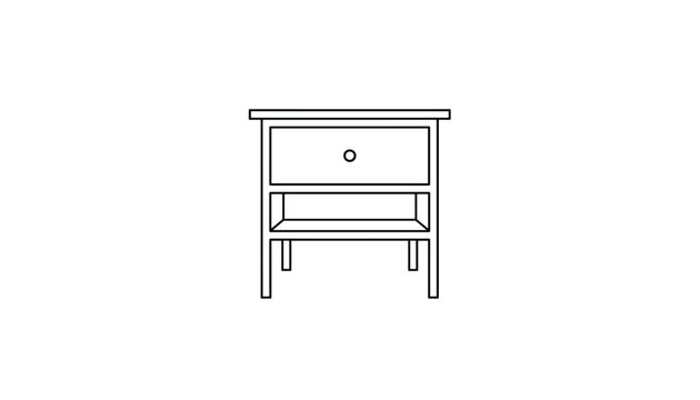 Minimalist black and white outline icon of a modern bedside table with a drawer and lower shelf for interior design.