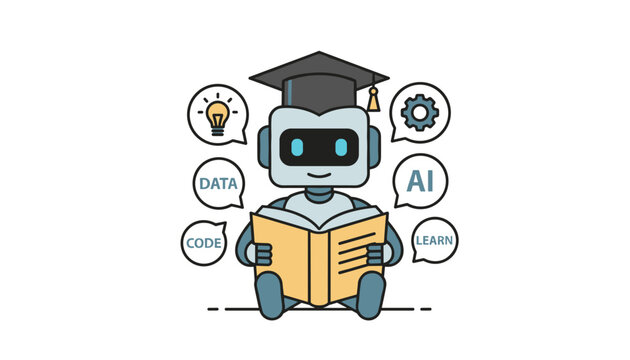 Cute cartoon robot wearing graduation cap reading a book surrounded by speech bubbles with artificial intelligence learning icons.