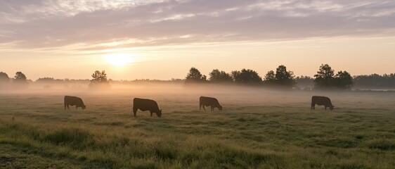 Fototapeta premium Four cows grazing in a misty pasture at sunrise