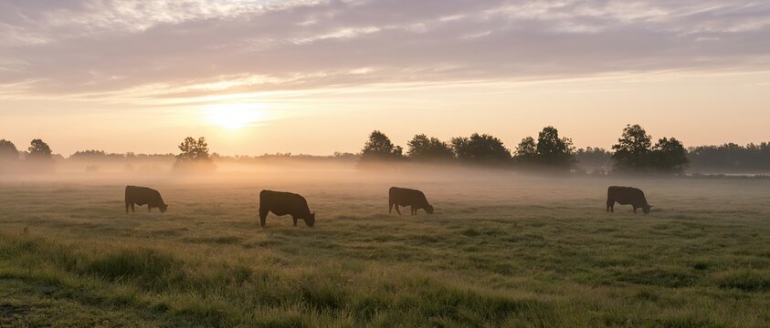 Four cows grazing in a misty pasture at sunrise