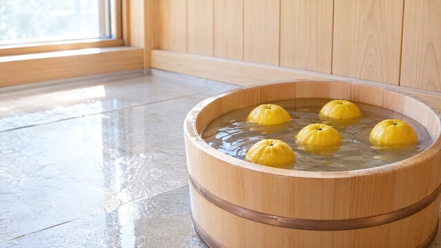 冬至の広告用 明るい浴室の檜の桶に浮かぶゆず ゆず湯