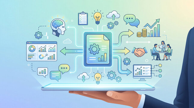 Large language model adoption concept, connected gear and document icon with chart symbol, workflow automation accents, business productivity interface, bright clean minimal background, soft