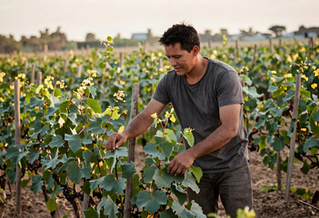 Obraz premium Sustainable viticulture and organic farming, male vineyard worker inspecting grape vines for harvest in a rural agricultural field at sunset
