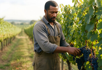 Obraz premium Sustainable viticulture and organic farming, mature farmer harvesting ripe grapes in a vineyard during autumn harvest season for wine production industry