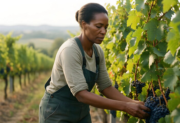 Obraz premium Sustainable viticulture and organic farming, mature woman harvesting ripe grapes in a vineyard during autumn harvest season for wine production industry