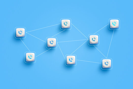 Connected phone call icons on blocks linked together with network lines on blue background. Telecommunications, IP telephony, customer support network, corporate communication and call center concept.