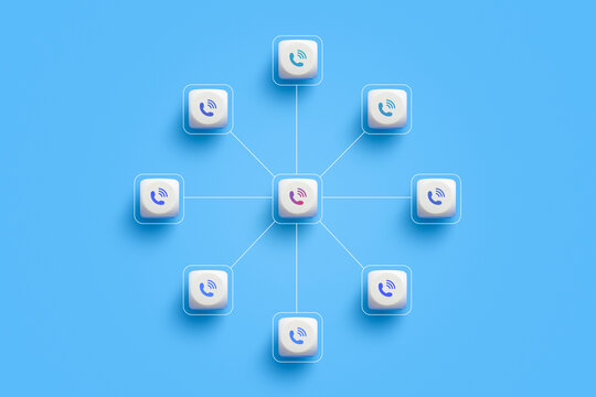 Central call center hub connected to external phone icons on a cubes on blue background. IP telephony network, centralized communication system, customer support distribution and call routing concept.