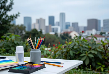 Obraz premium Creativity and urban inspiration, artist supplies with colored pencils and watercolor paints on a table overlooking a blurred city skyline at dusk