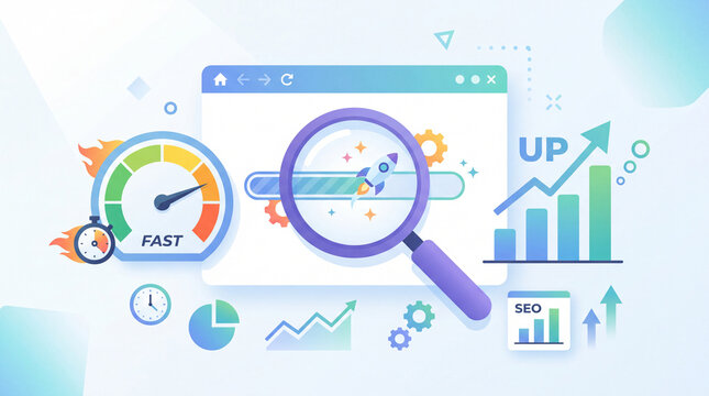 Website performance optimization concept, magnifying glass over loading progress bar icon, speed test gauge and growth chart symbols, browser window accents, bright clean minimal background,