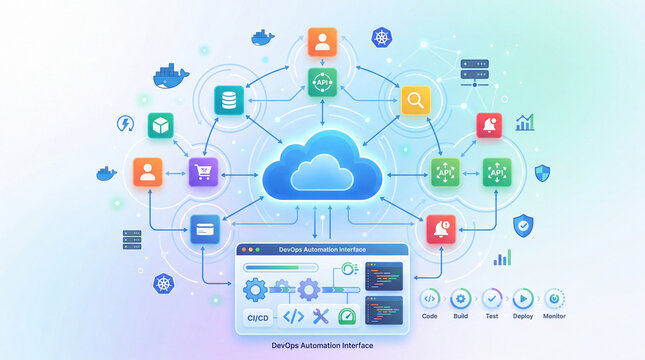 Cloud native application concept, cloud icon with connected microservice node symbols, container box accents, devops automation interface, bright clean minimal background, soft gradient colo