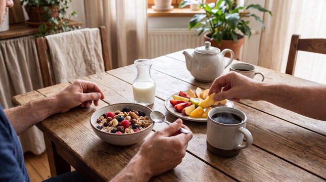 Nutritious Morning Meals, A nutritious breakfast spread featuring gluten-free muesli, fruits, nuts, coffee, and tea