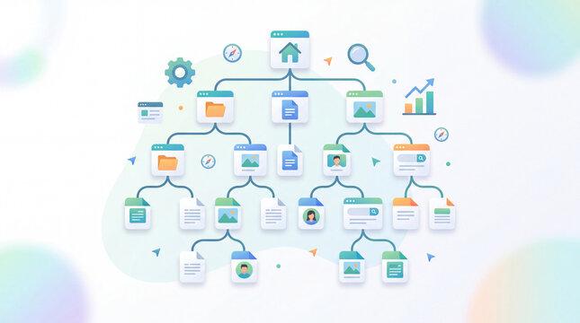 Sitemap concept, branched tree diagram icon with connected page node symbols, website structure accents, navigation interface, bright clean minimal background, soft gradient color palette, s