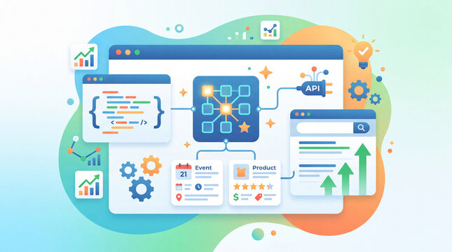 Schema markup concept, code brackets and structured data grid icon, website interface with rich result card symbols, ranking arrow accents, bright clean minimal background, soft gradient col