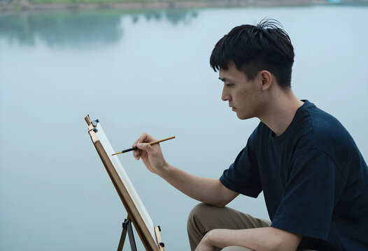 Creativity and mindfulness, young man painting on canvas outdoors by a lake for artistic inspiration and mental health wellness in a peaceful environment