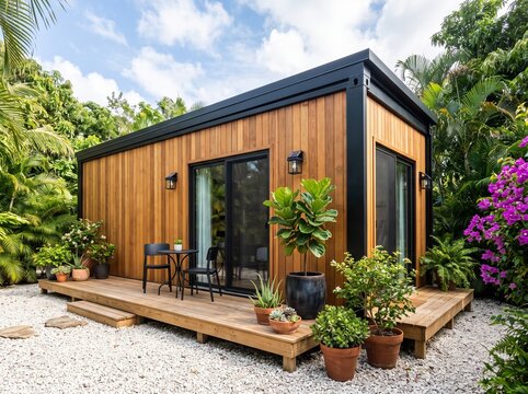 Modern tiny house with wooden exterior and patio deck situated in a beautiful tropical garden setting