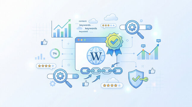 Domain authority concept, website icon with badge and backlink chain symbol, relevance and trust rating accents, seo interface, bright clean minimal background, soft blue color palette, sear