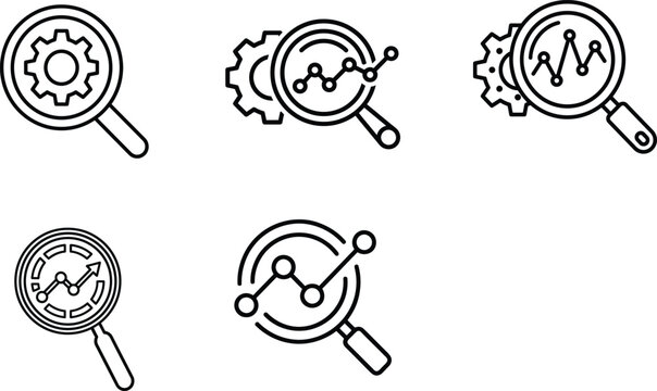 Magnifying glasses with internal gears charts and waveforms represent analysis in a linear style circles components connectivity control curves data diagrams