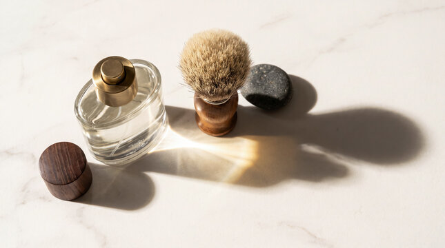 Elegant masculine grooming flat lay with cologne bottle and shaving brush