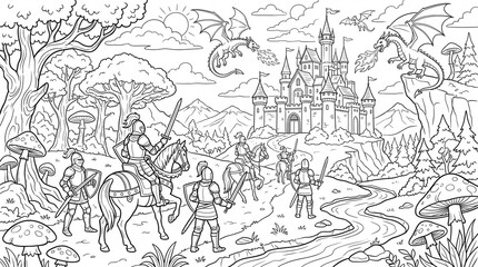 Obraz premium Fantasy Art Concepts, A magical kingdom with knights, a castle, and fierce dragons awaits adventure