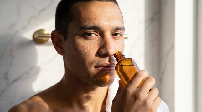 Attentive young man smelling amber cologne bottle during grooming routine