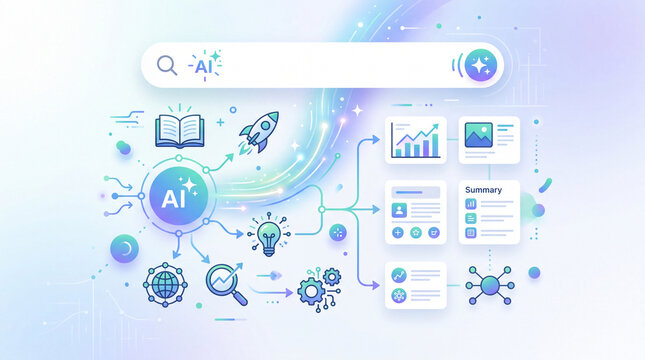 Generative search experience concept, search bar icon with AI spark symbol, exploration and discovery link accents, futuristic interface design, bright clean minimal background, soft gradien