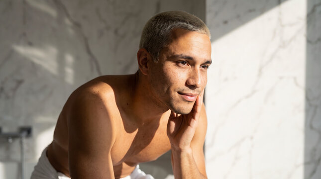 Content young man applying moisturizer to his cheek during morning routine