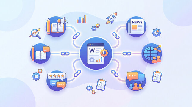 Link building concept, website page icon connected by link lines to external source symbols, backlink chain accent, outreach network diagram, bright clean minimal background, soft gradient c