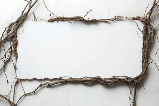 A rectangular frame made of dried vines surrounds a blank white space against a textured wall.