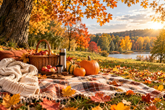 Cozy autumn picnic still life with wicker basket, apples, pumpkins, thermos and knitted blanket in a golden park, warm sunlight, colorful fall trees and generous copy space.