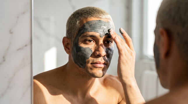 Young man carefully applying dark clay face mask during weekly skincare ritual