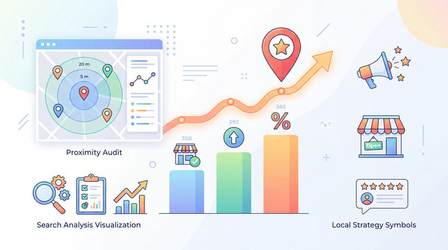 Local seo statistics concept, bar chart and trend line icon with map location pin symbol, ranking comparison accents, proximity audit interface, bright clean minimal background, soft gradien