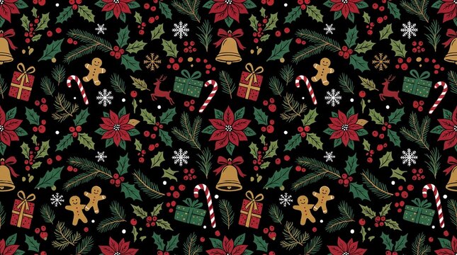 Holiday Pattern Design, A festive seamless pattern featuring Christmas elements on a black backdrop
