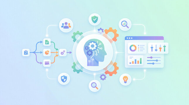 Autonomous AI personalization concept, connected gear and profile icon symbols, adaptive workflow accents, smart automation interface, bright clean minimal background, soft gradient color pa