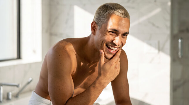 Playful young man laughing while touching his chin during morning routine