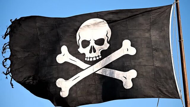 Piracy concept, black pirate flag waving in the sky, pirate concept