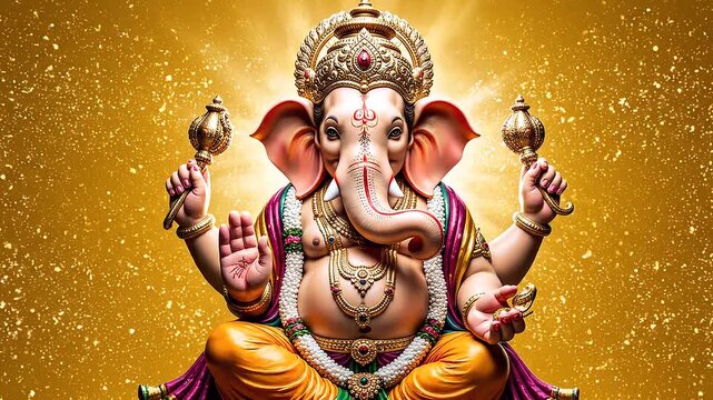 Ganesha on a yellow background, a god or deity from Indian culture and religion.