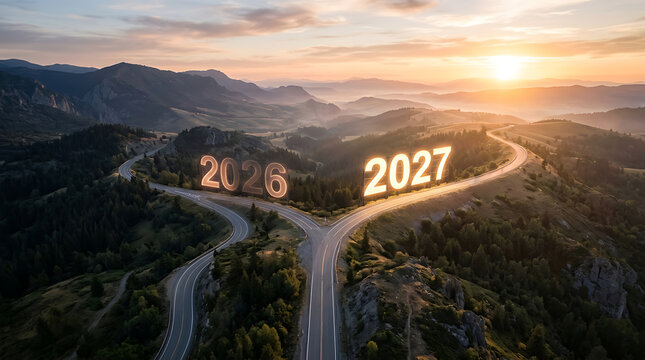A conceptual aerial view of a winding road splitting into two paths with glowing numbers 2026 and 2027 at sunset