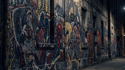 Fototapeta premium Urban Art Expression, A vibrant display of abstract street art against a dark urban graffiti backdrop
