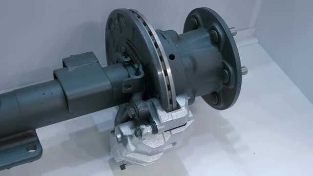 Brake system and rear axle gearbox of a light truck is presented at the exhibition. Shot in motion