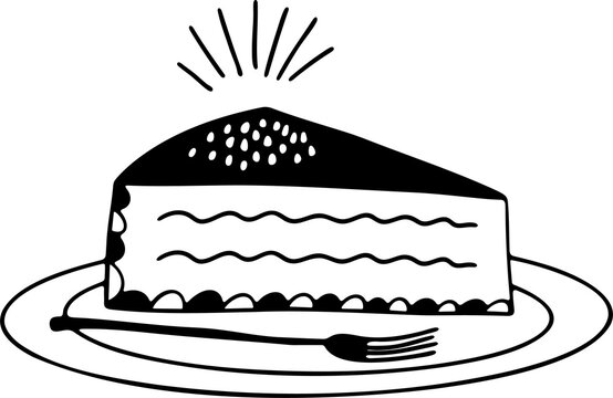 Hand-drawn black and white cake slice on plate with fork doodle illustration