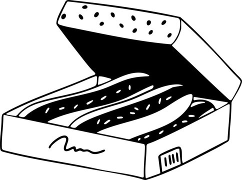 Hand-drawn black and white pastry box eclairs bakery doodle illustration