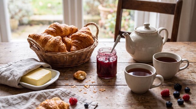 Culinary Delights, Warm butter croissants with jam and tea elegantly arranged on wood