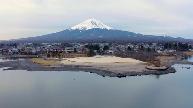 Mount Fuji Scenic View Across Lake Kawaguchiko Island and Water Surface