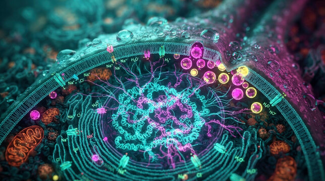 Sweat gland cross section with chromosomes, messenger RNA, ion channels, and overactive vesicles driving hyperhidrosis genetics research.