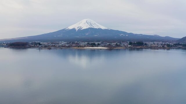 Scenic Wide View of Mount Fuji Across Lake Kawaguchiko Water and Reflection