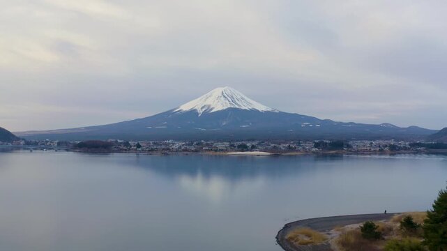 Mount Fuji Scenic View Across Lake Kawaguchiko Water and Shoreline