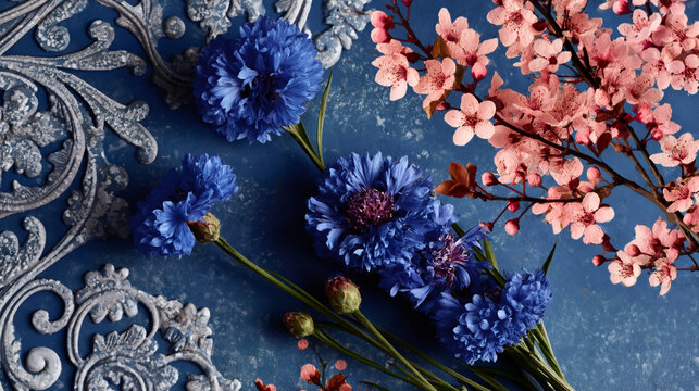Flat lay of blue cornflowers and pink cherry blossoms. Spring floral arrangement on a textured blue background with classical relief ornament