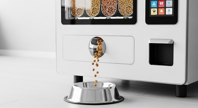 Moderno distributore automatico di cibo per cani e gatti che versa croccantini in una ciotola di acciaio su un pavimento interno pulito, alimentazione, nutrizione, contenitore