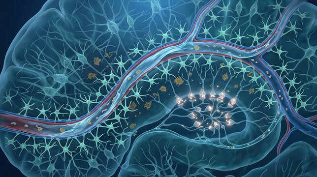 Slow wave sleep activating glymphatic clearance in a brain cutaway with cerebrospinal flow removing amyloid plaques